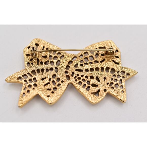 1928 Vintage Floral Bow Pin Brooch Rhinestone Crystal Antiqued Gold 1980s BinBP - Picture 11 of 12